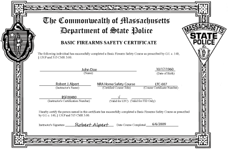 Massachusetts Basic Firearms Safety Certificate